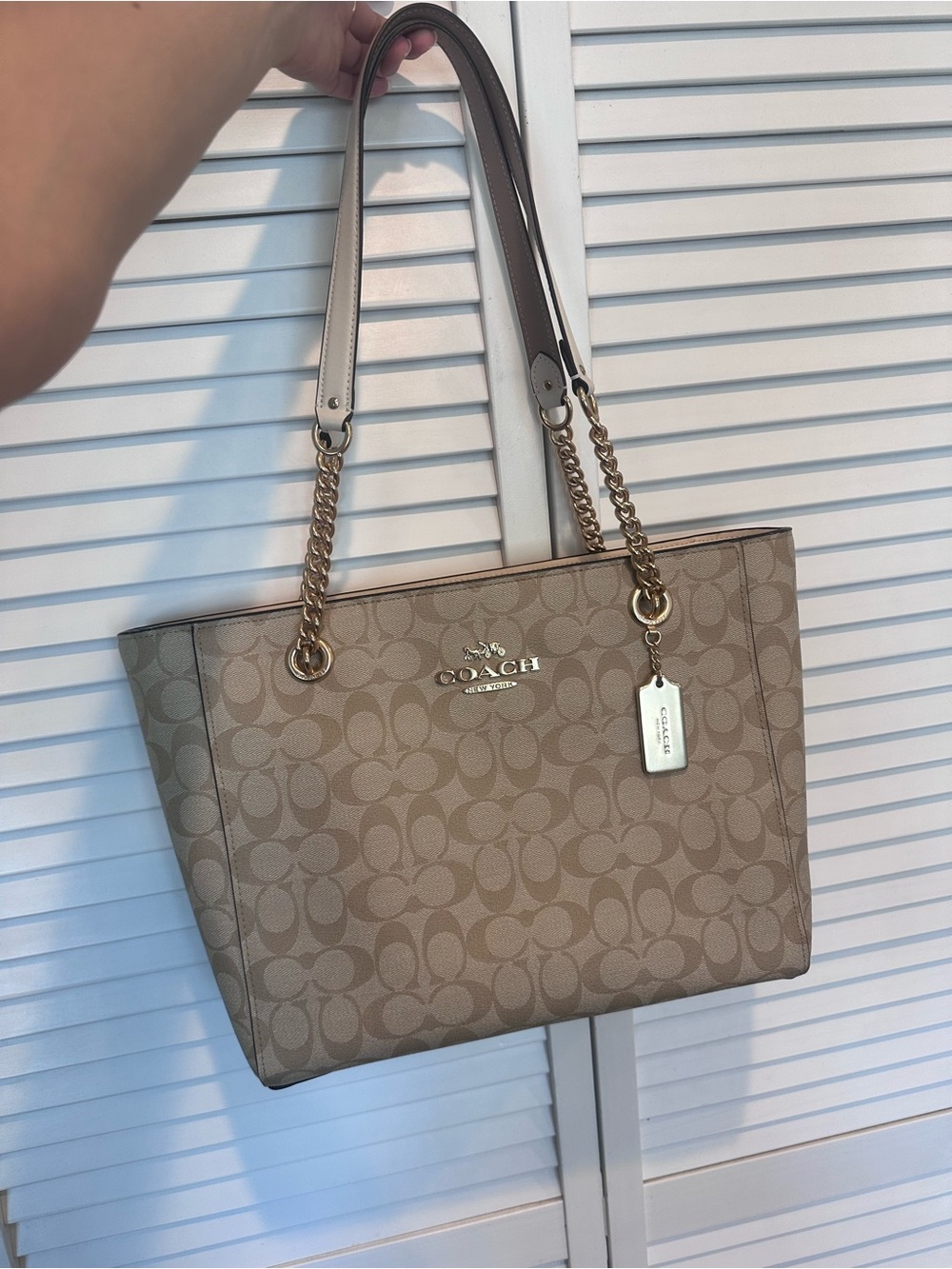 Coach Taupe Signature Canvas Tote with Gold Hardware and Tag Charm
